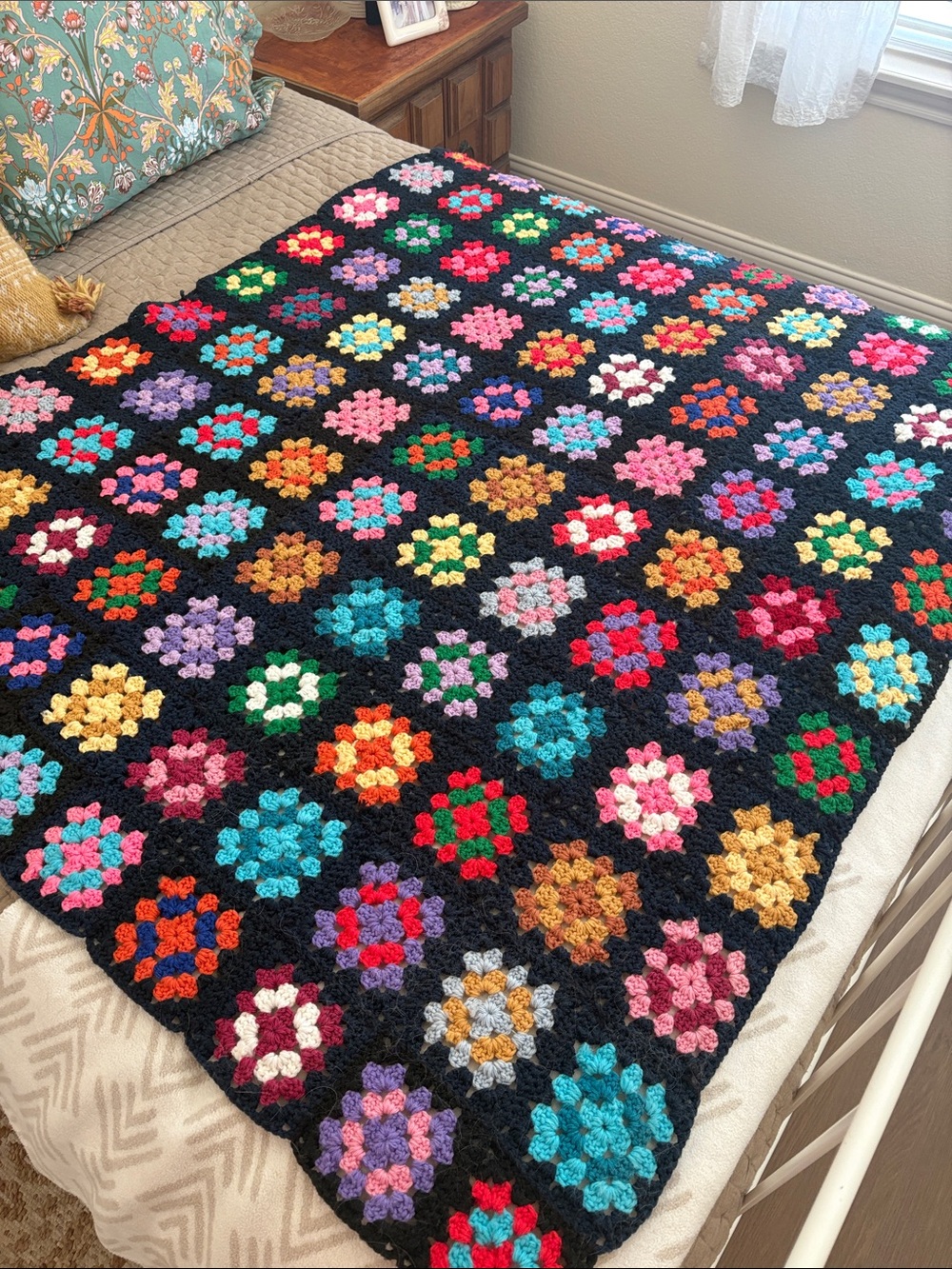 Handmade Crochet Granny Square Afghan Throw - Multicolor on Black - Picture 2 of 3